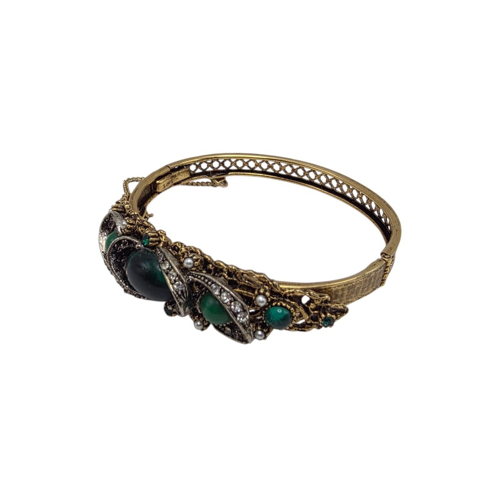Vintage ART Arthur Pepper Emerald & Jade Green Rhinestones Clamper Bracelet - Picture 3 of 7